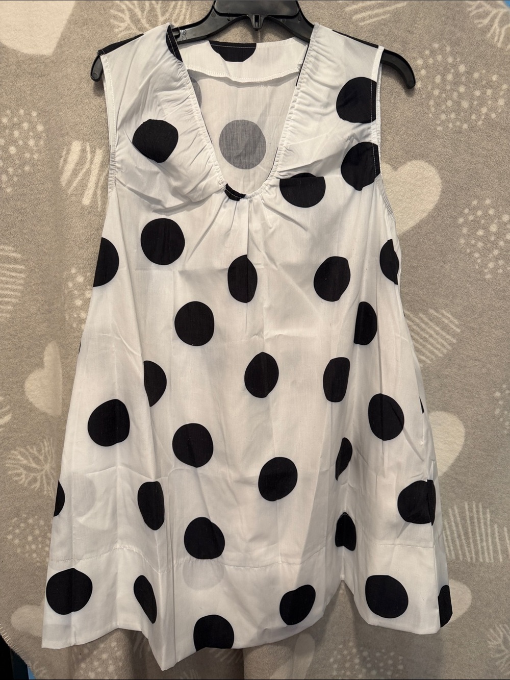 White Sleeveless Polka Dot Tunic Top with Black Dots